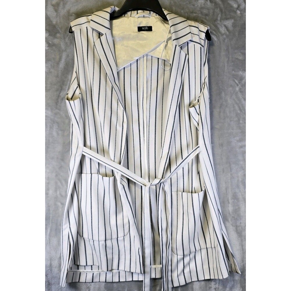 Wallis Open Front Vest Blazer Womens L White Blue Stripe Pockets Belted